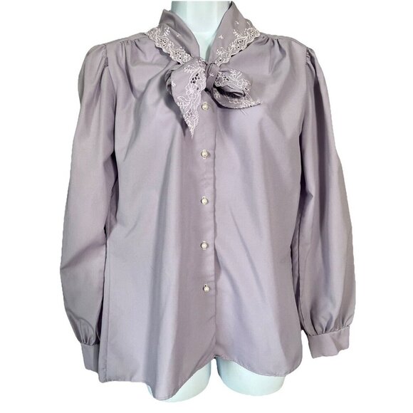 Laura Mae Womens Vtg Tie Bow Lace Blouse Size L Lavender Kittencore 70s Career - Picture 1 of 5